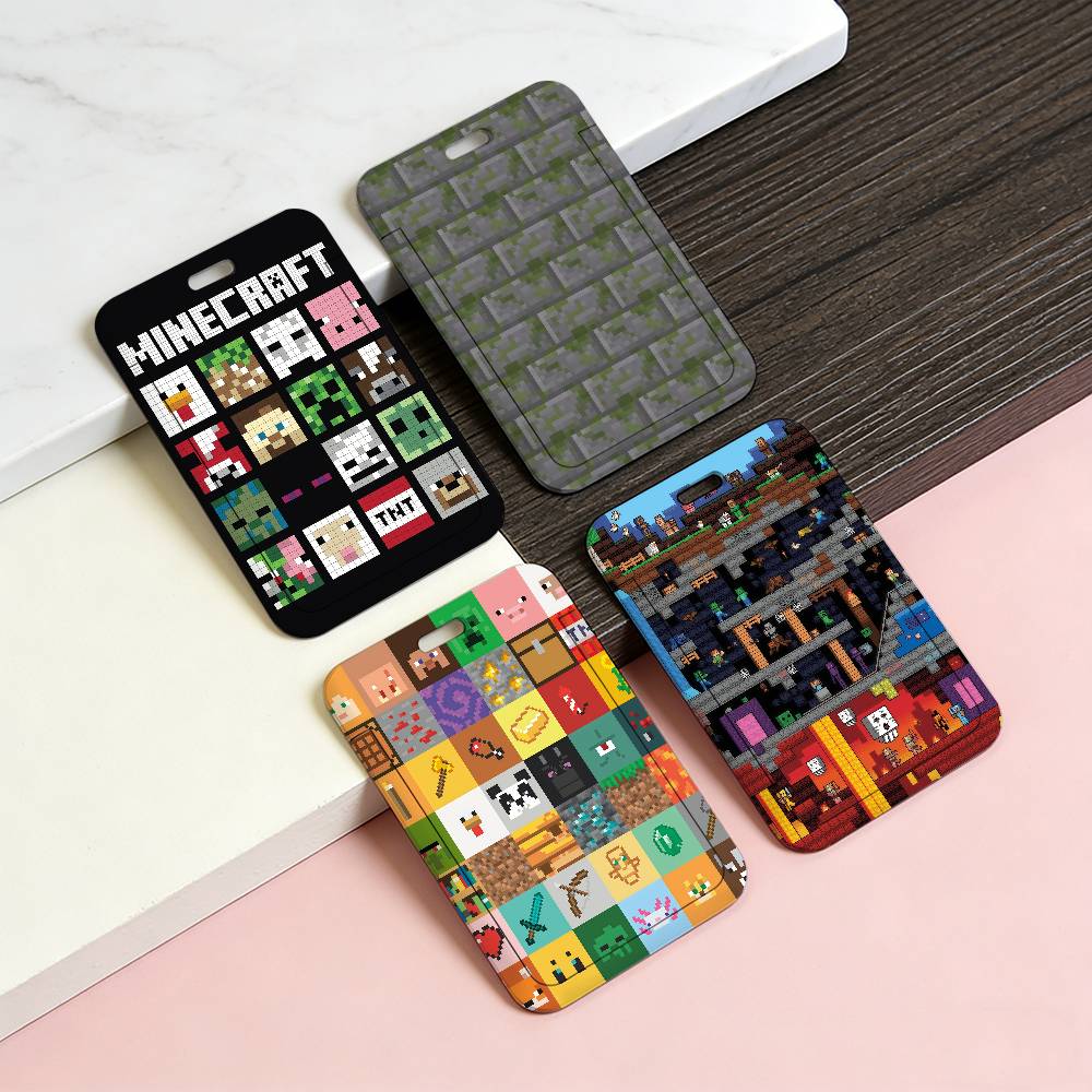 Gaming Console With Minecraft - クラシックゲームM-Minecraft-ES透明カードホルダー従業員用プラスチック製スライドカバーランヤードワークビジネスIDバッグバス